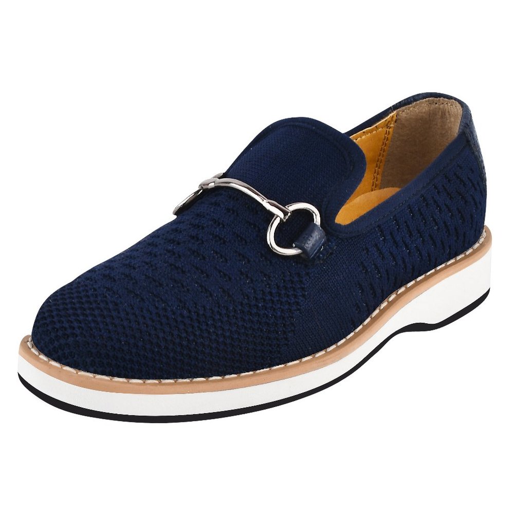 Joyce Boys Textile & Lizard Print Leather Kids Slip on Navy Loafer Shoes